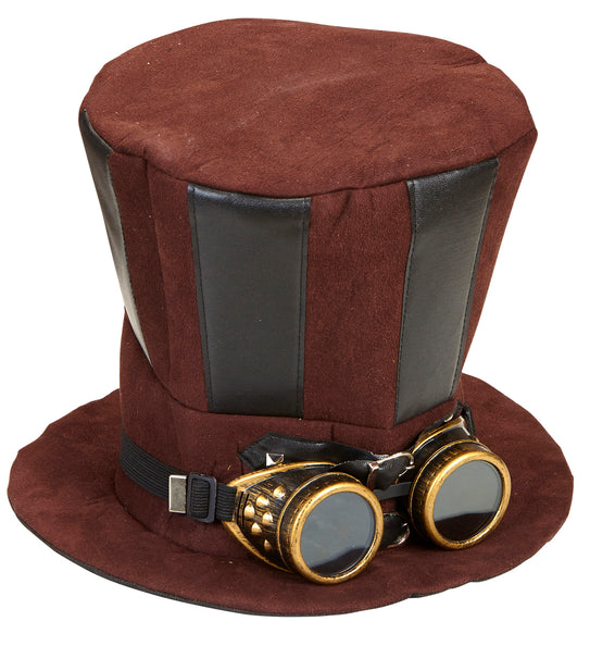 e-carnavalskleding-SYK Extra hoge hoed steampunk bruin met stofbril