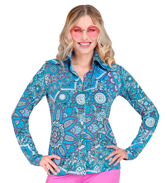 e-carnavalskleding-SYK Jaren 70 shirt mandala blauw dames