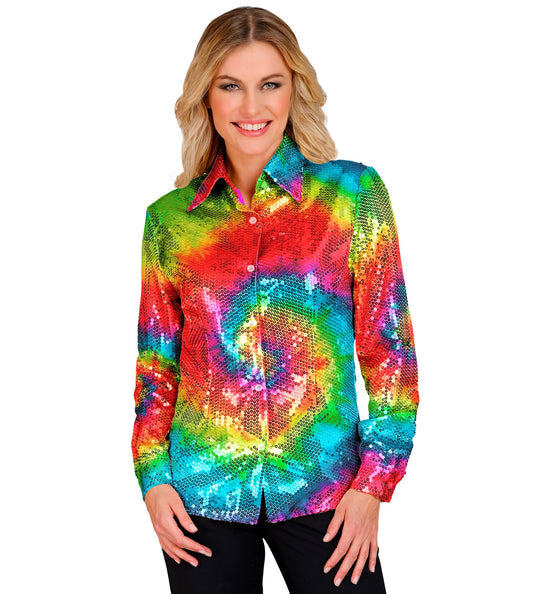 e-carnavalskleding-SYK Paillettenshirt dames tie dye meerkleurig