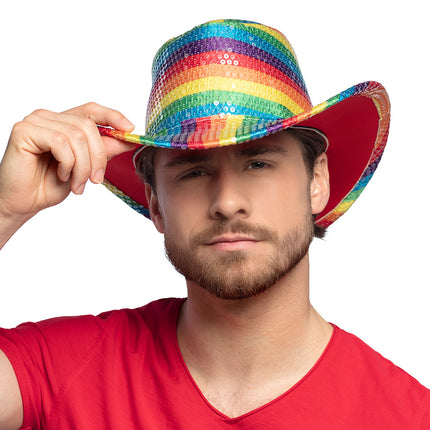 E-Carnavalskleding.nl Cowboyhoed regenboog pailletten Pride