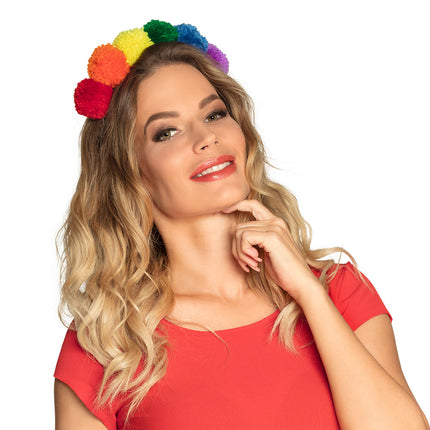 E-Carnavalskleding.nl Diadeem Pompon regenboog