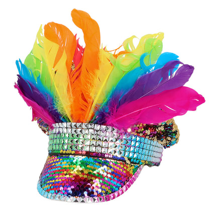 E-Carnavalskleding.nl Regenboog glitter pet met veren