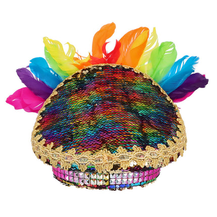 E-Carnavalskleding.nl Regenboog glitter pet met veren