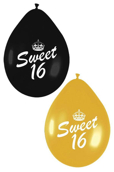 e-carnavalskleding-SYK Ballonnen tekst Sweet Sixteen in zwart en goud