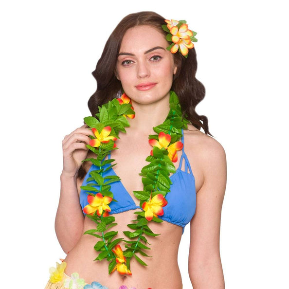 e-carnavalskleding-SYK Hawaii krans met groene bladeren en bloemen