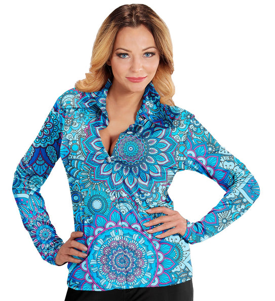 e-carnavalskleding-SYK Jaren 70 shirt mandala blauw dames