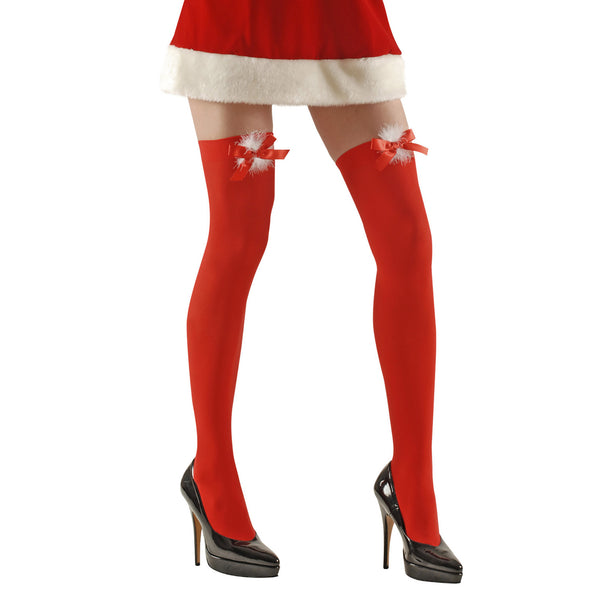 e-carnavalskleding-SYK Kerst panty rood met rode strik en wit plushe