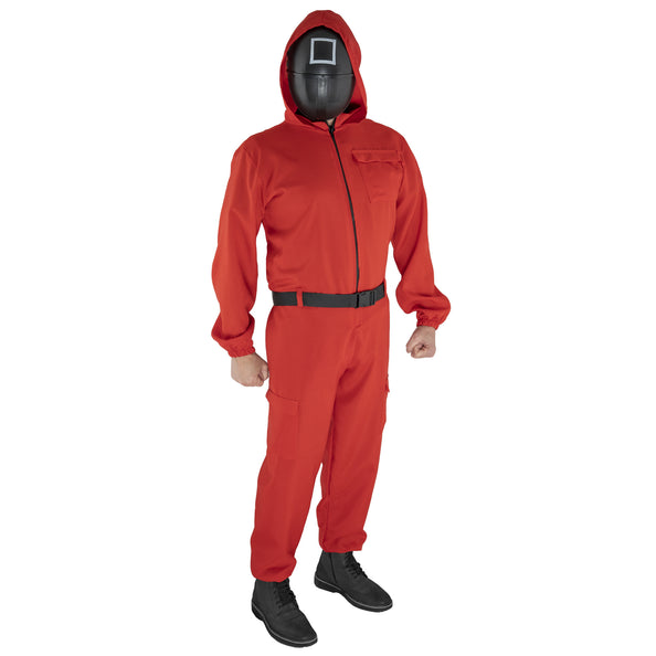 e-carnavalskleding-SYK Overall rood met Koreaans game masker unisex 160cm