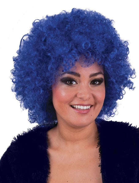 e-carnavalskleding-SYK Pruik hippie afro Evi kobalt blauw