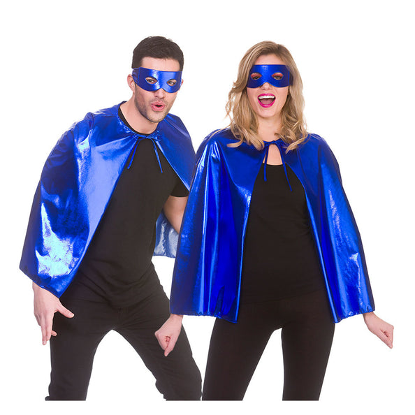 e-carnavalskleding-SYK Super helden cape metallic met masker 60cm blauw