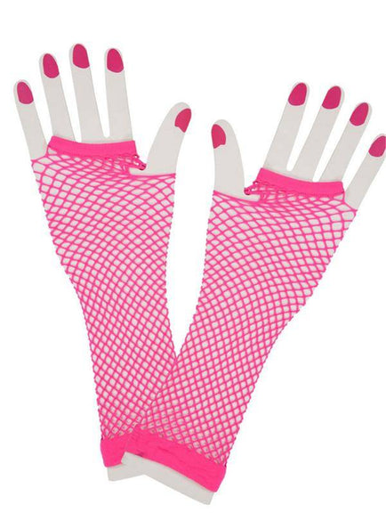 e-carnavalskleding-SYK Vingerloze lange net-handschoenen neon roze