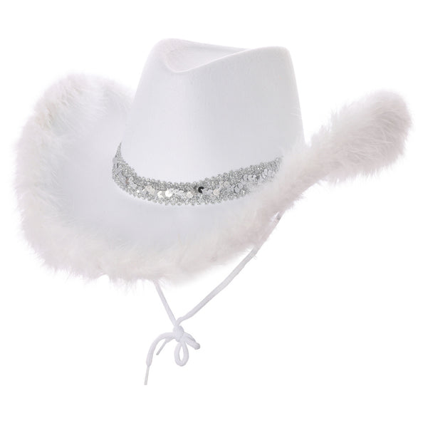 e-carnavalskleding-SYK Wit cowboyhoed glitter marabou