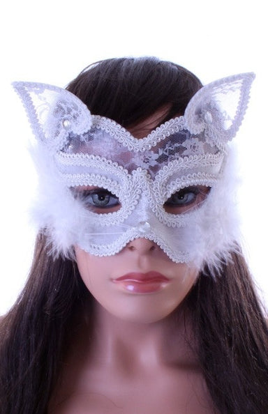 e-carnavalskleding-SYK Wit oogmasker met kant en marabou luxe